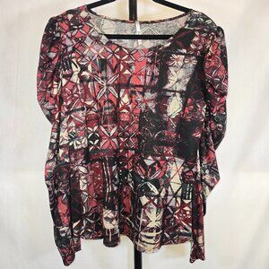 Plus Red Floral Art Puffed Long Sleeve Blouse